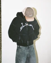 Sweat à capuche entièrement zippé noir délavé